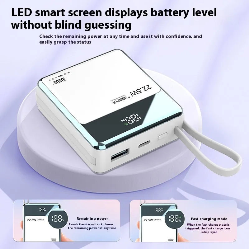 Super fast charge plastic power bank 10000mAh with built-in cable in black colour