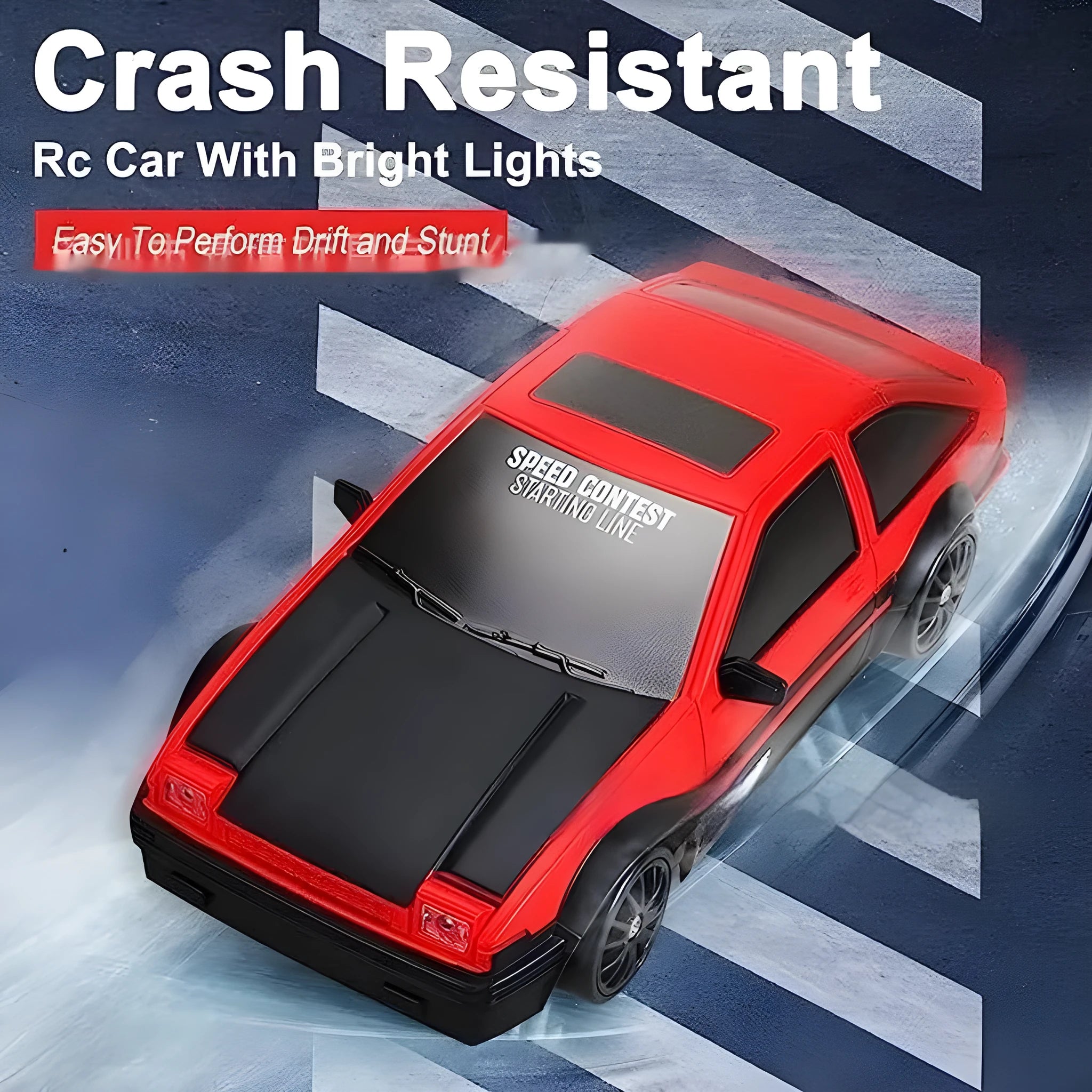 1:24 scale remote control drift car with plastic body, rechargeable battery, semi-proportional steering, four-wheel drive