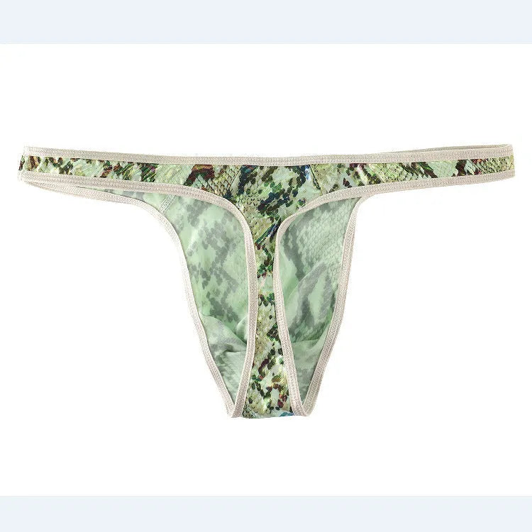 Men's green camouflage snake print thong underwear on a white background