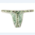 Men's green camouflage snake print thong underwear on a white background