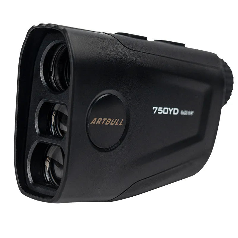Golf laser rangefinder with LCD display showing distance measurement, Type-C charging port