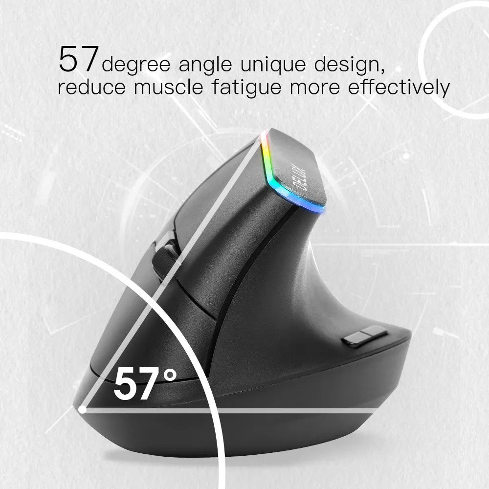 Black and white M618C wireless vertical ergonomic mouse with RGB lighting, shown from the side.