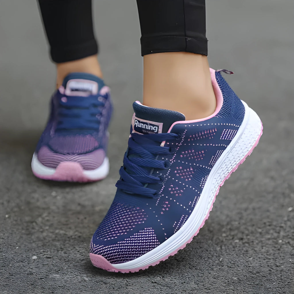 Women casual breathable mesh walking flat shoes with white flying woven upper and MD outsole