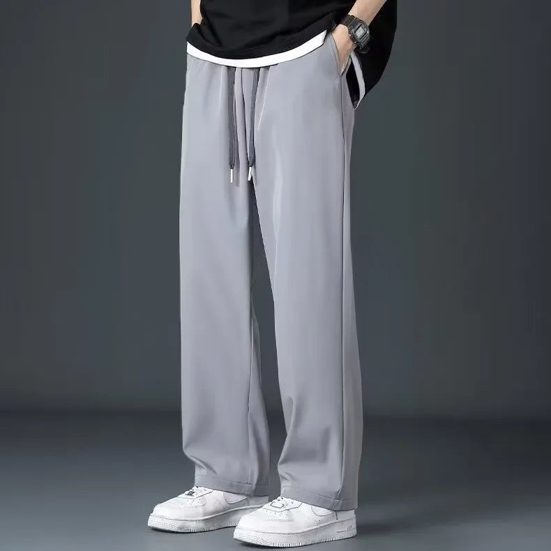 Ice silk men's wide leg drooping pants in black, elastic waist, straight cut, summer casual trousers