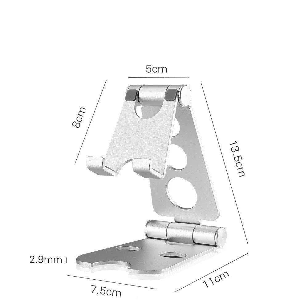 Folding mini mobile phone bracket in black, silver, rose, rose gold or champagne gold, for bed and desktop use.