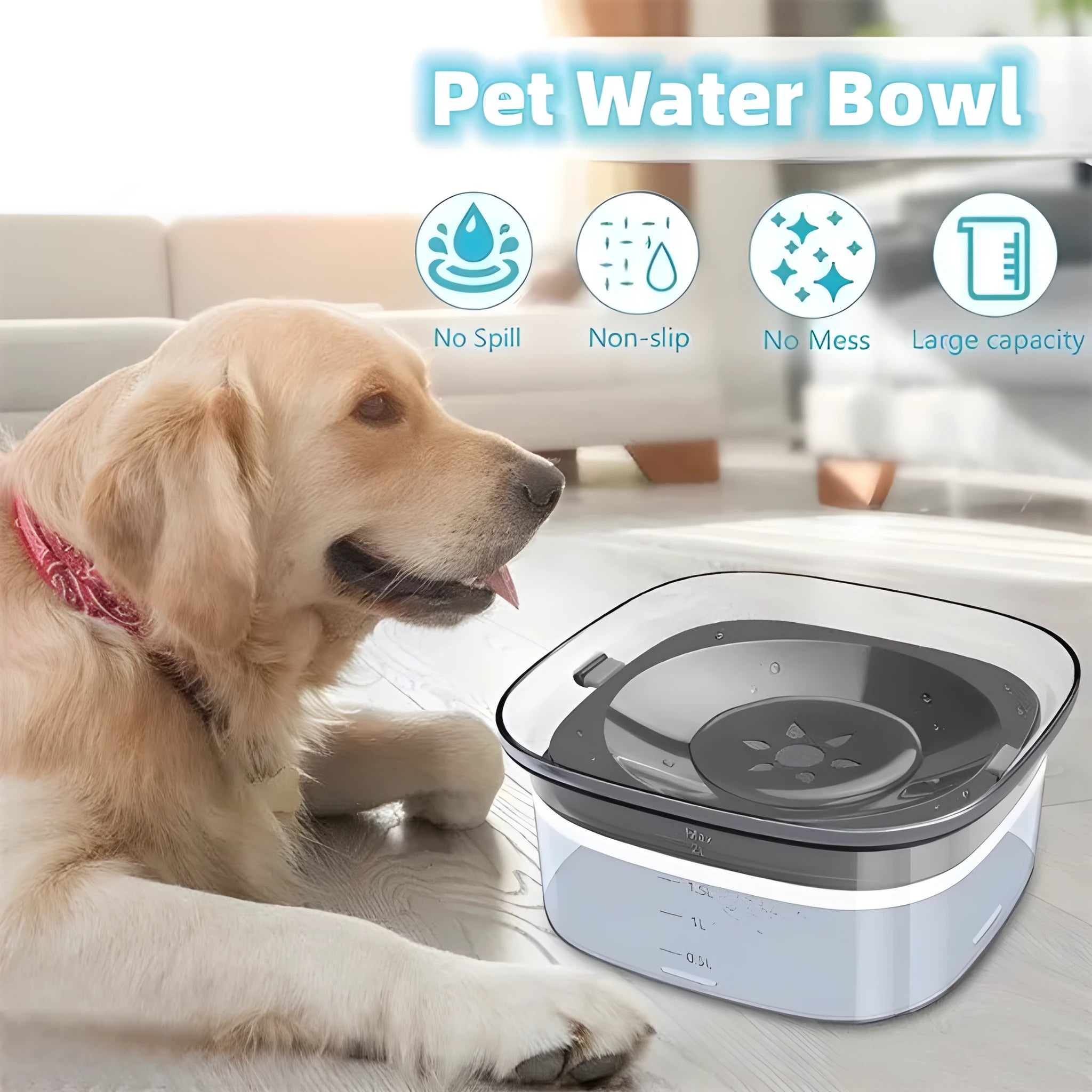 Transparent large 2-litre dog water bowl with floating slow drink disc on a non-slip base.