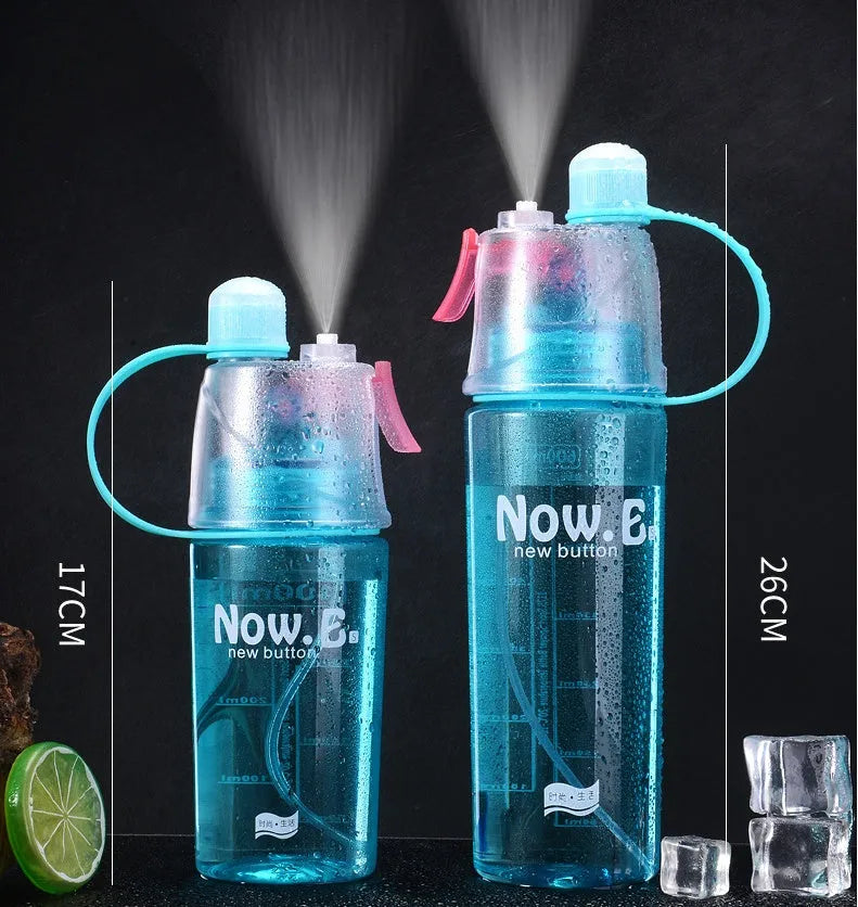 Portable sports mist spray water bottle with transparent body, handle, and mist spray function
