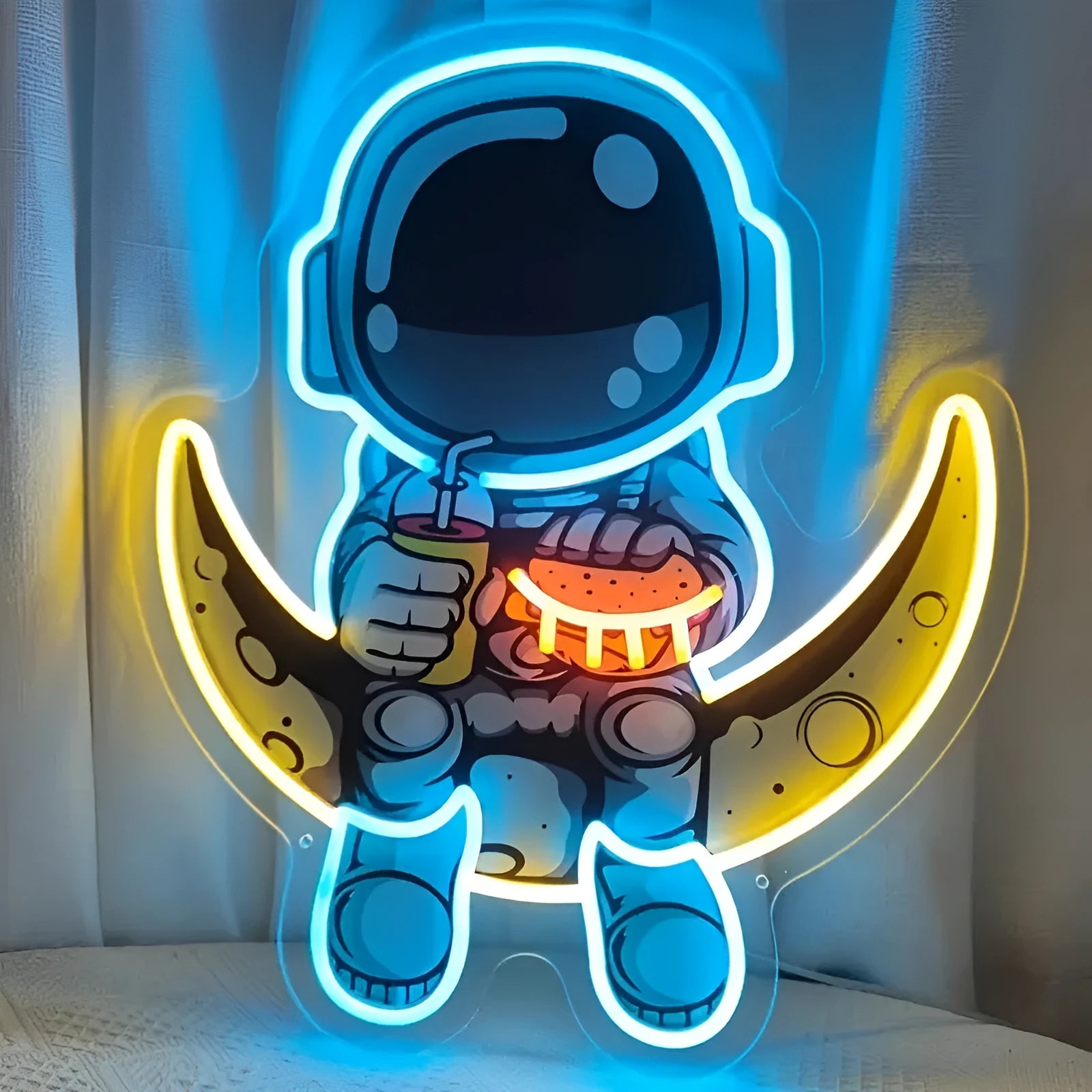 Astronaut design LED neon wall light with USB cable, measuring 30cm by 35cm in blue lemon yellow colour