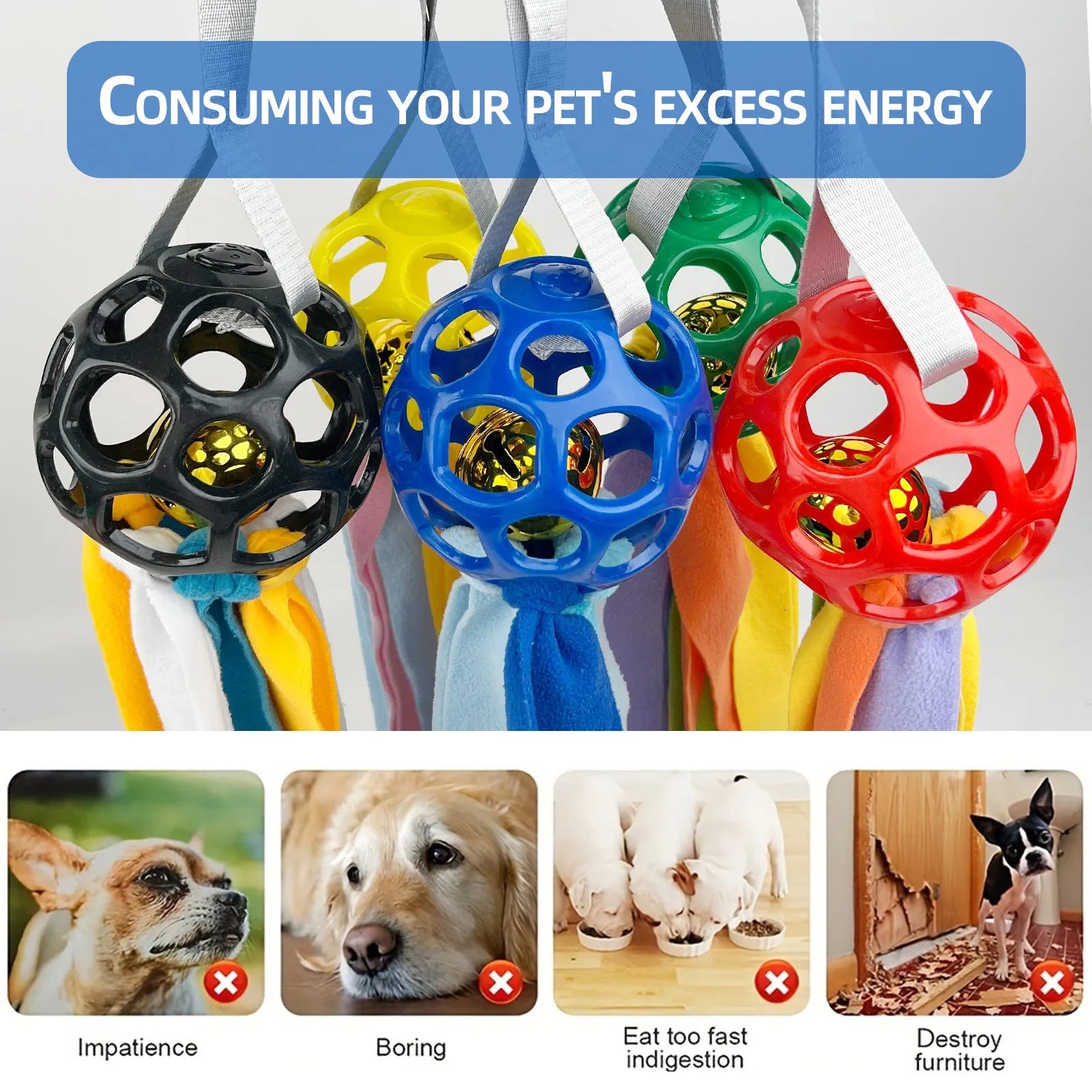 Interactive hollow TPR ball pet toy in assorted colours with bell sound for dogs and cats