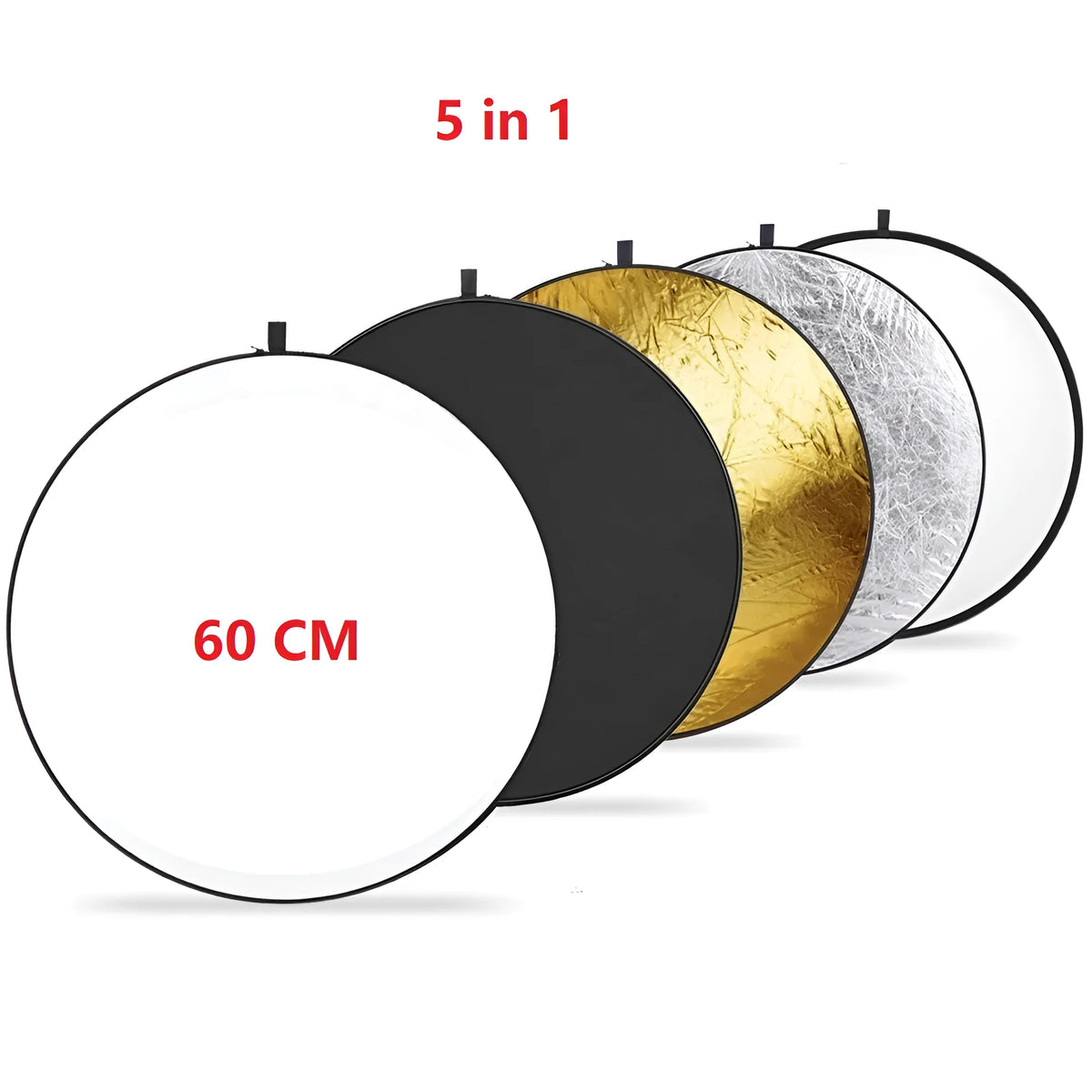 Round 60cm 5 in 1 collapsible photography reflector with gold silver white black translucent surfaces and carrying case