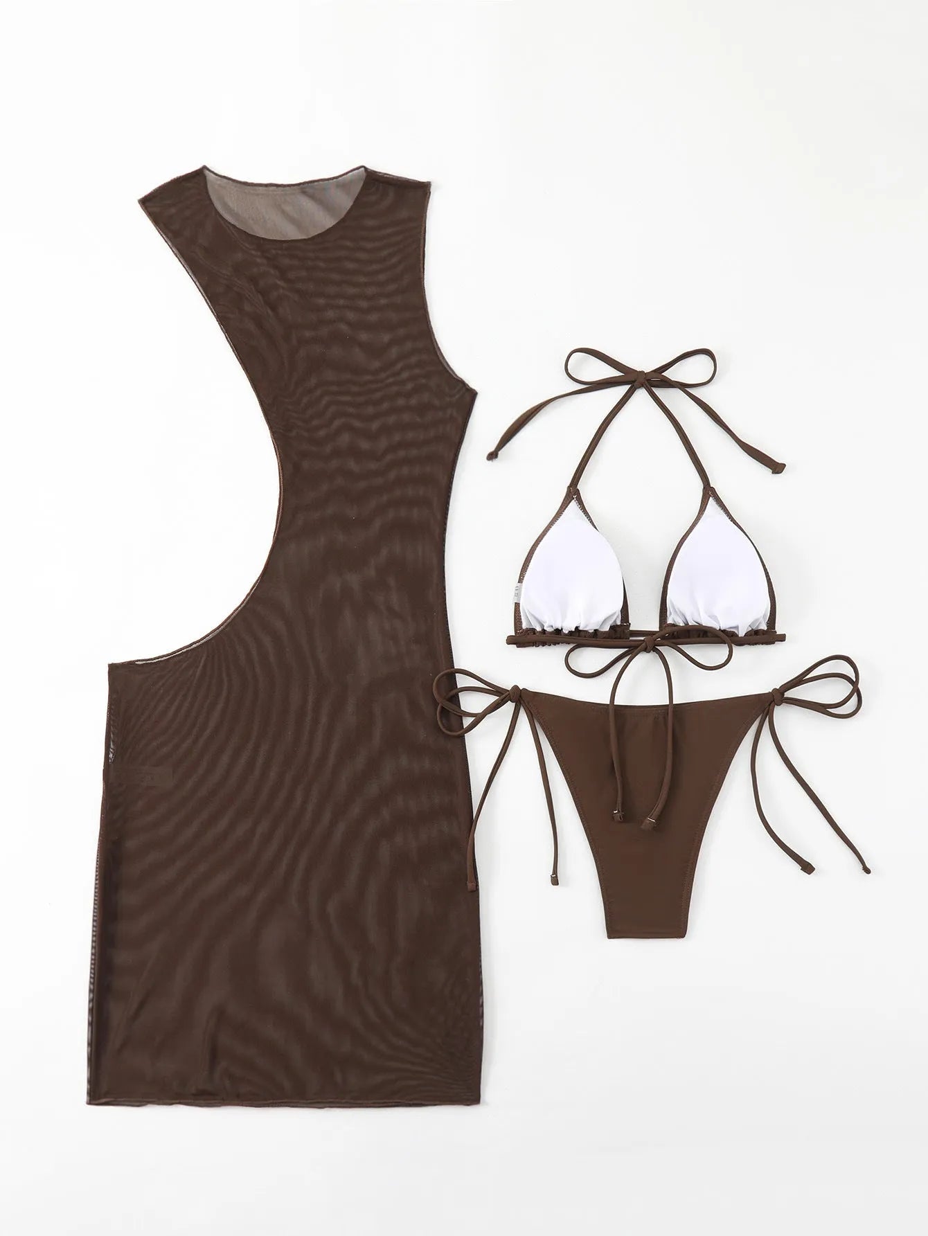 Brown solid colour women's three-piece swimsuit set with bra, shorts and blouse