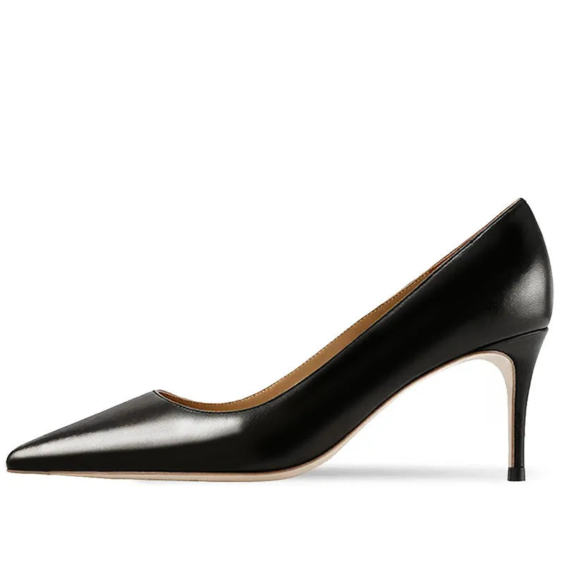 Women's black pointed-toe stiletto heels with soft sole and slip-on design