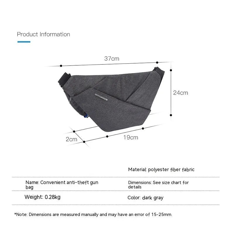 Dark grey right-shoulder polyester crossbody bag with anti-theft function, soft handle, file bag, and zipper pocket