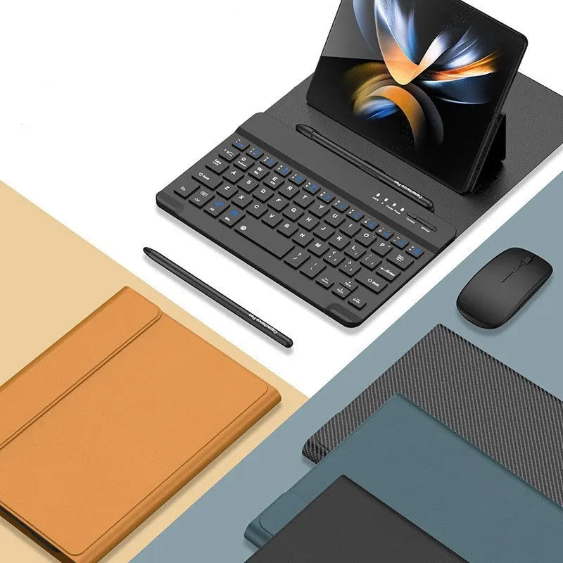 Folding PU leather case with Bluetooth keyboard, mouse, and stylus for Samsung Fold series, coffee brown colour