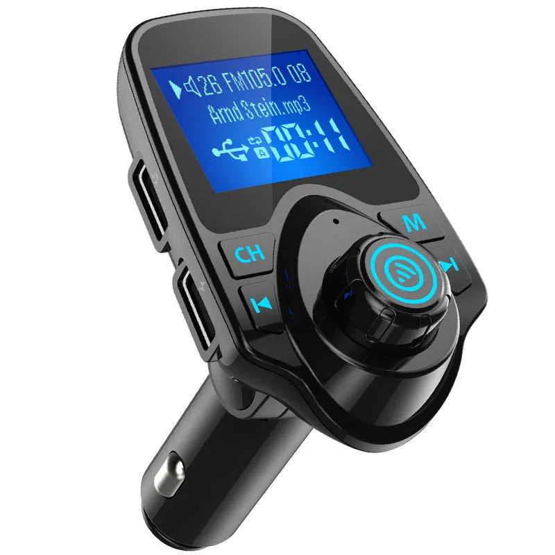 Black car Bluetooth hands-free device with FM transmitter, USB port, and TF card slot