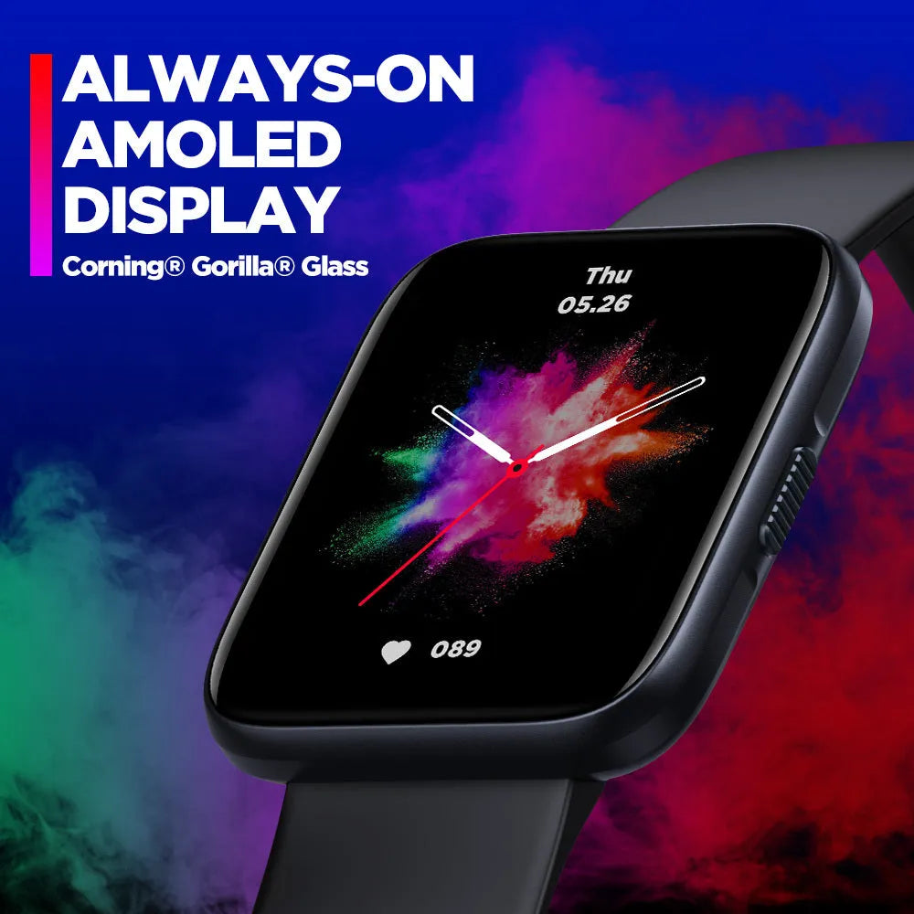 Black GPS sports smart watch with LCD display showing health metrics on rubber strap