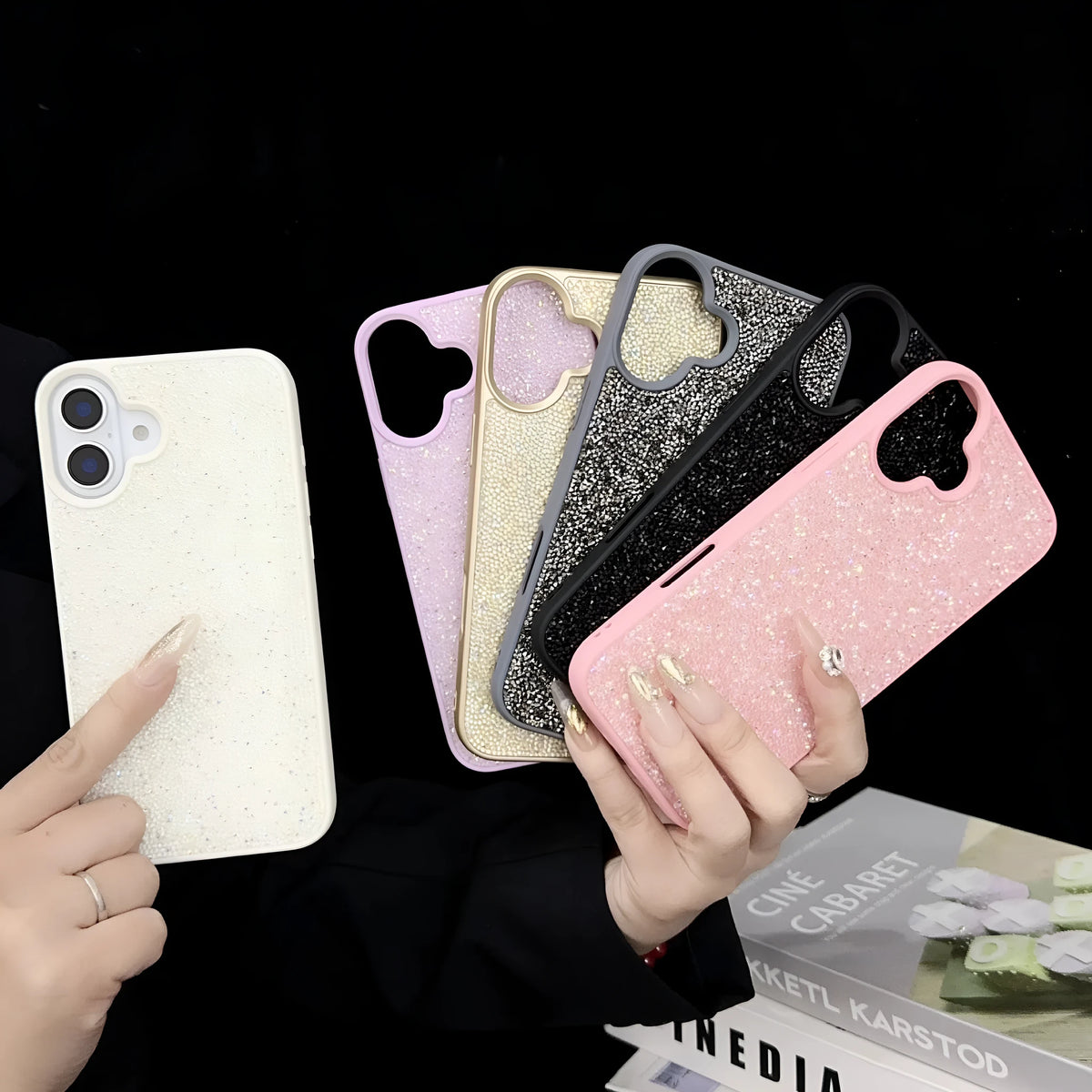 Luxury full diamond handmade phone case for iPhone 17 series in black, pink, light purple, gold, gray or white.