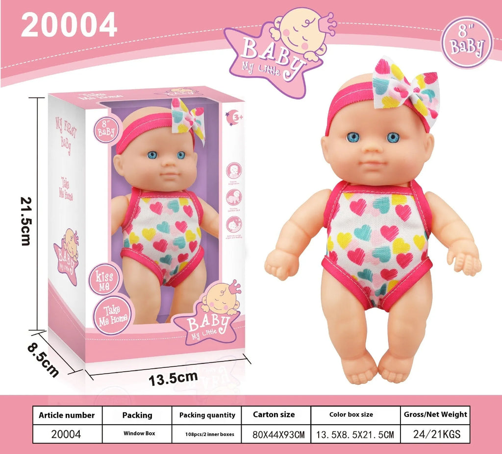 A 21.5cm tall vinyl baby figurine doll, a decorative model available in six different colour options.