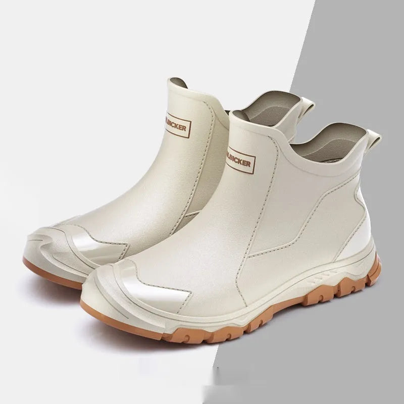 Korean style PVC short tube rain boots with plastic non-slip soles in black red colour option
