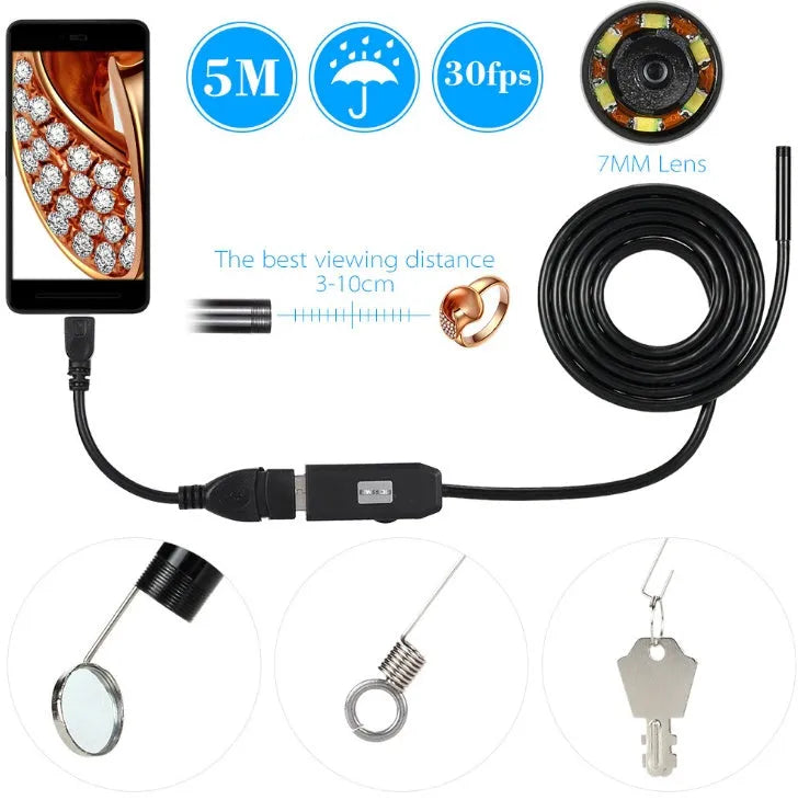 OWSOO USB endoscope camera with 5m cable, 6 LED lights, hook, magnet, and side mirror for Android and computer inspection