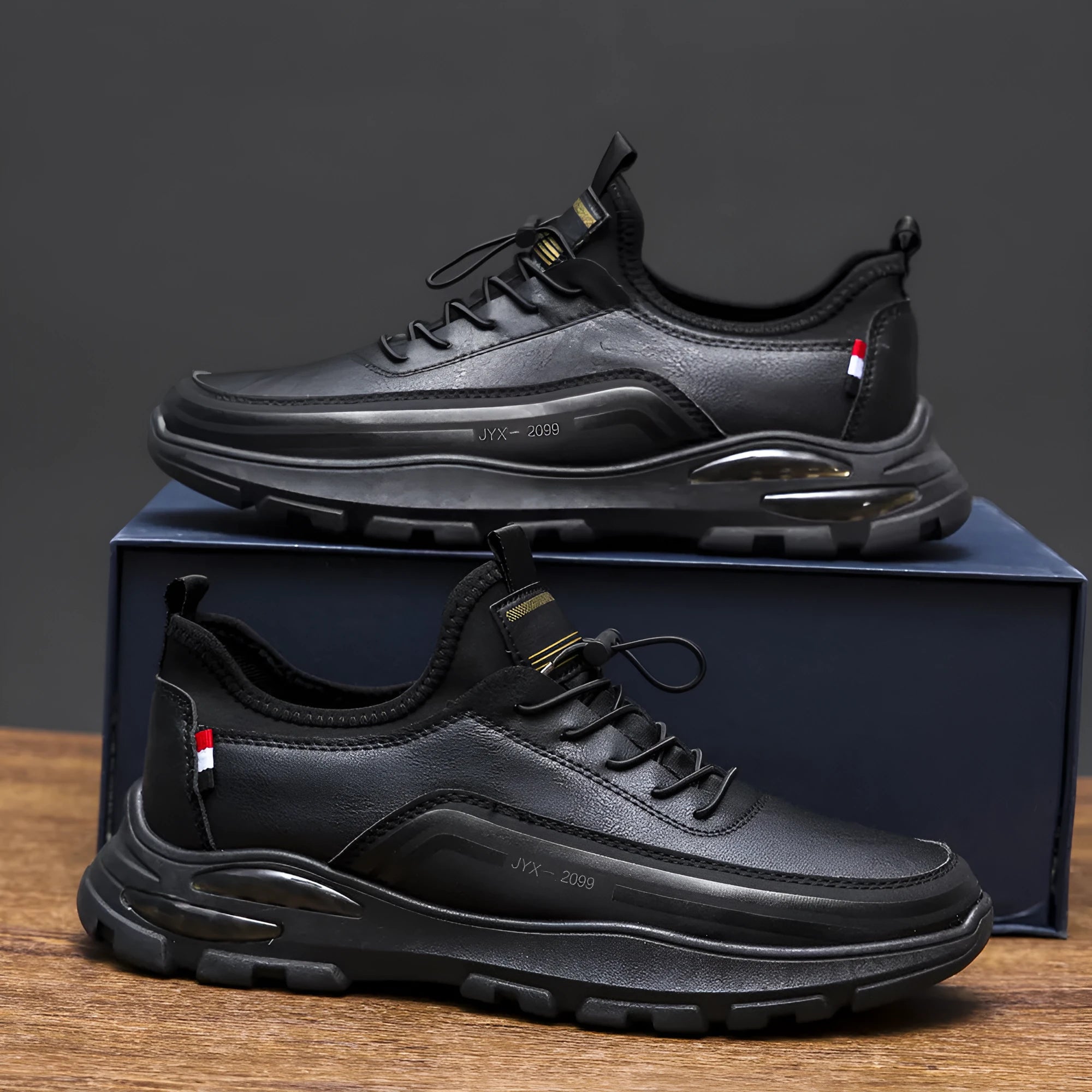 Men's black waterproof sneakers with fleece lining and synthetic leather upper