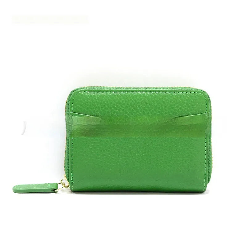 Genuine leather zipper coin purse in solid colour with sewing line detailing