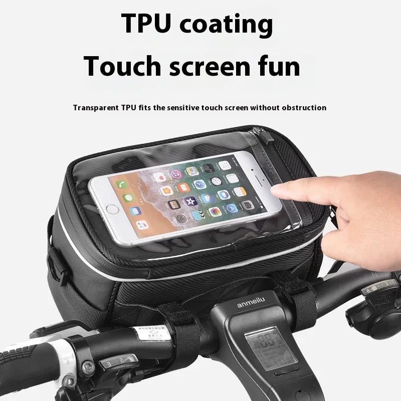 Black polyester folding bicycle bag with 7-inch capacity mounted on handlebars