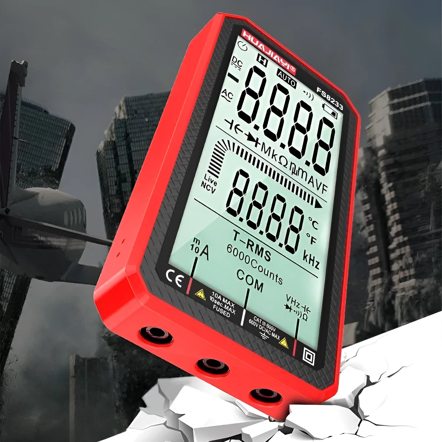 Black and red fully automatic digital multimeter with large screen display showing measurement readings