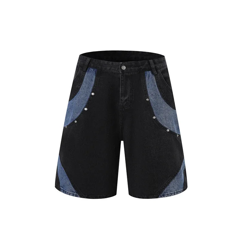 Retro washed denim suit set with short-sleeved jacket and trousers in black or blue street style
