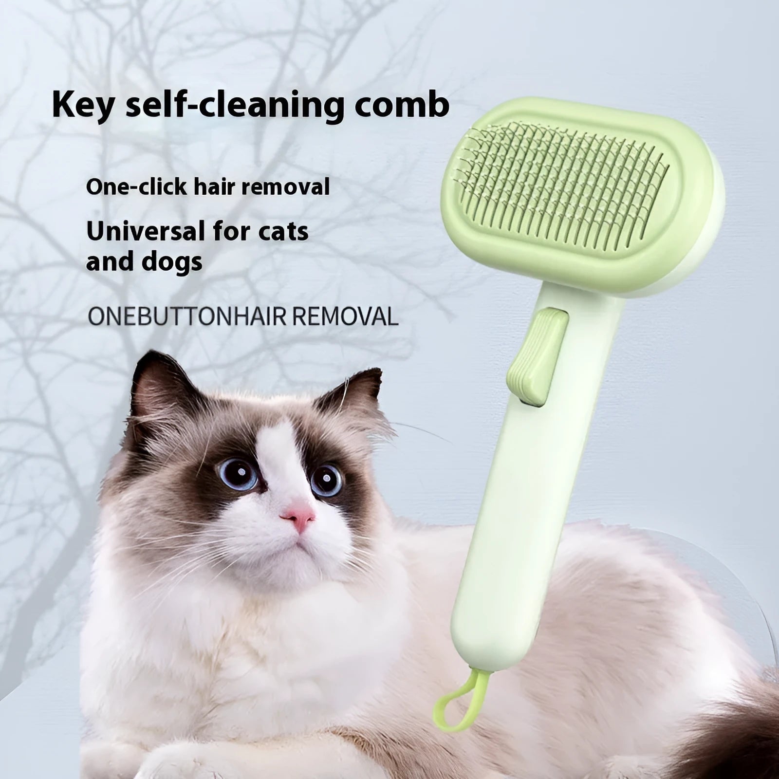 Large light grey pet hair removal comb with stainless steel blades and a one-click release button.