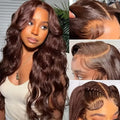 Women's long curly dark brown front lace wig with side bangs on a mannequin head.