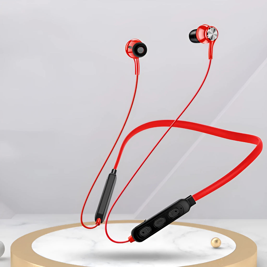 Neckband style sports Bluetooth earphones in black, red, or white colour options.