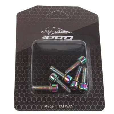 Card of six stainless steel mountain bike riser fixing screws in a choice of black, red, blue, green, purple, gold, or colourful