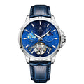 T885B blue men's automatic mechanical watch with skeleton dial showing internal movement