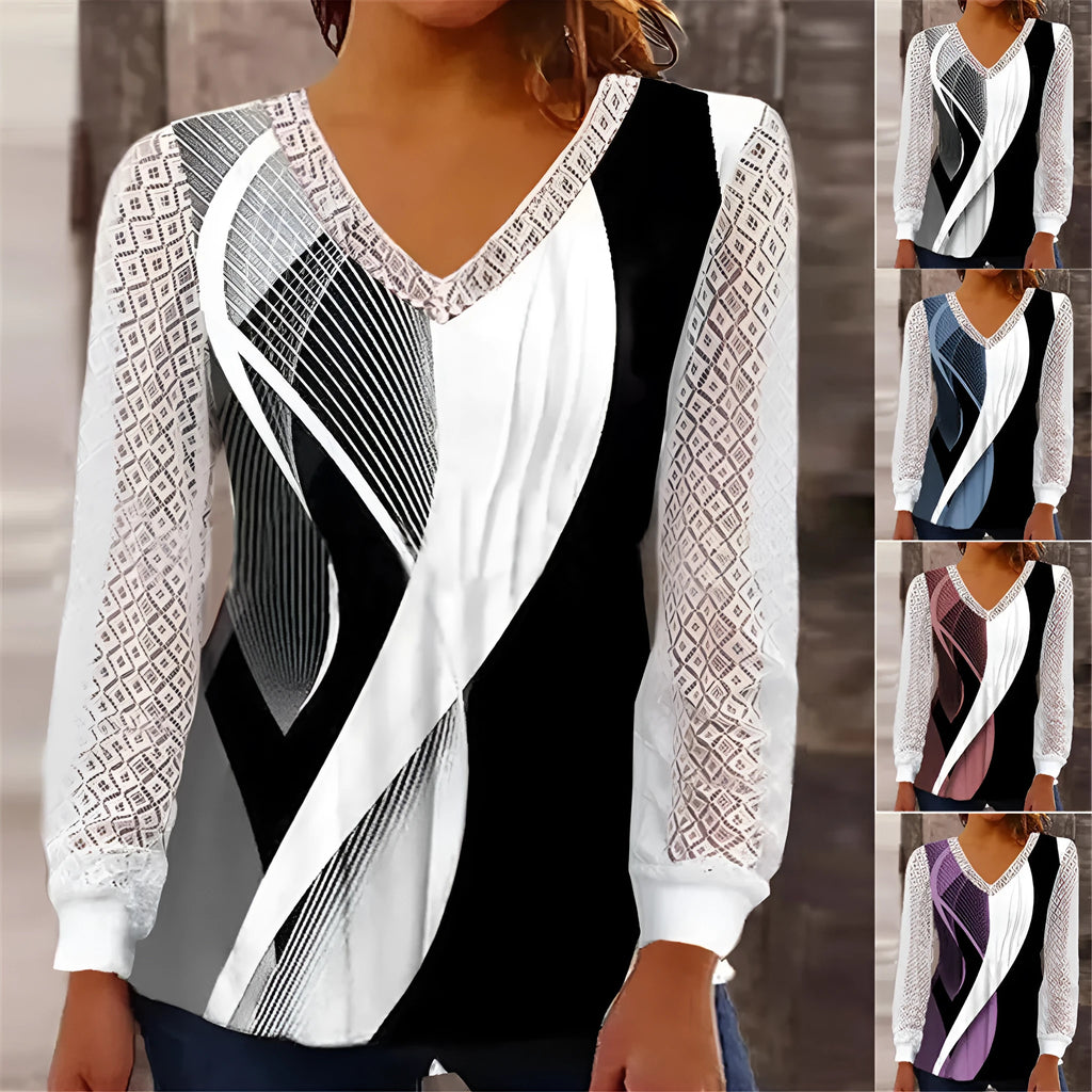 Women's loose purple V-neck top with hollow-out lace print detail and long sleeves.