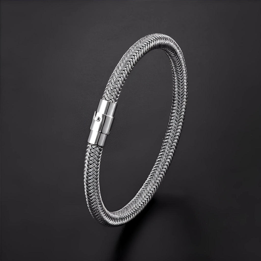 Men's titanium steel geometric wire bracelet with a magnetic clasp in black, shown on a wrist.