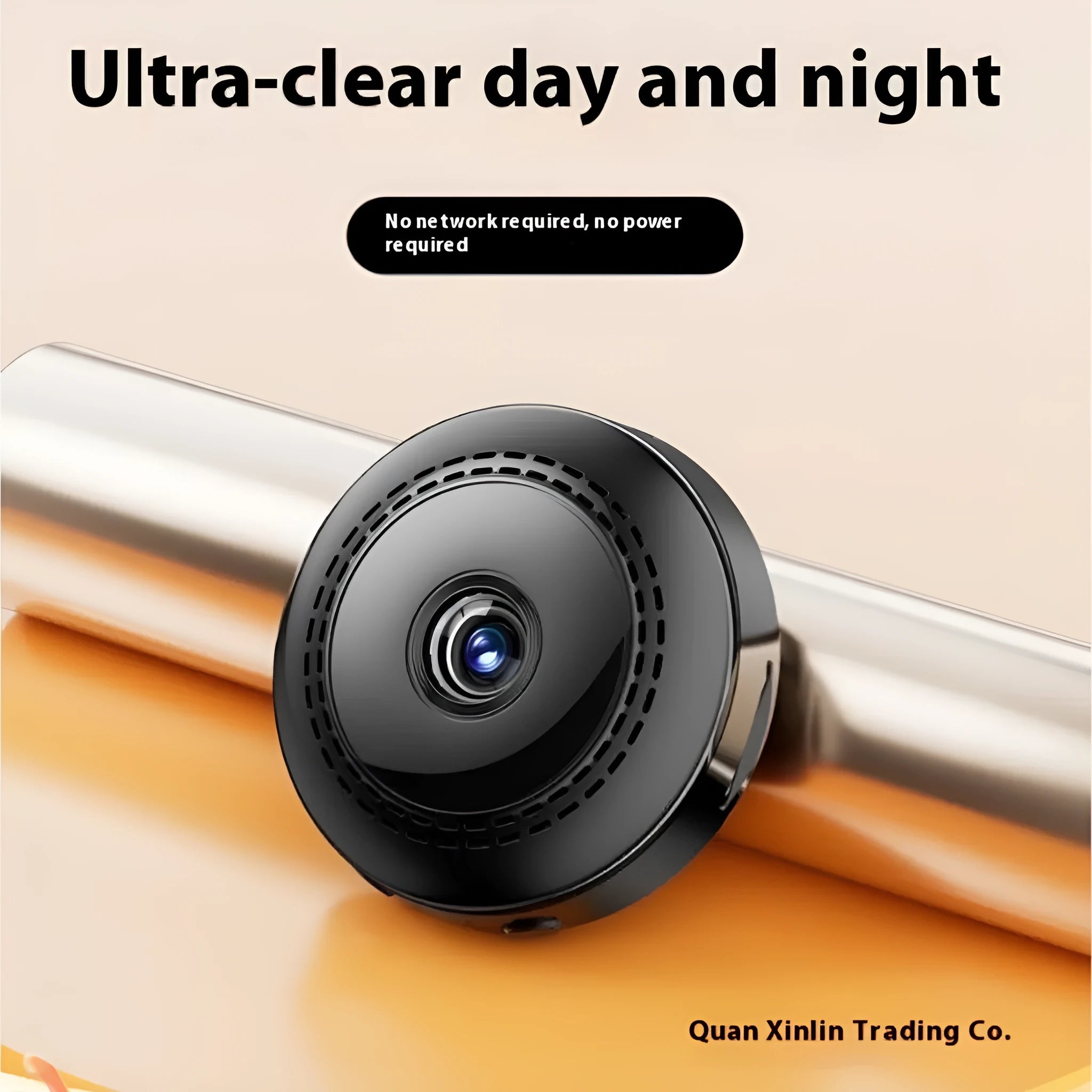 A compact, circular wireless wifi security camera with a 360-degree lens on a table.