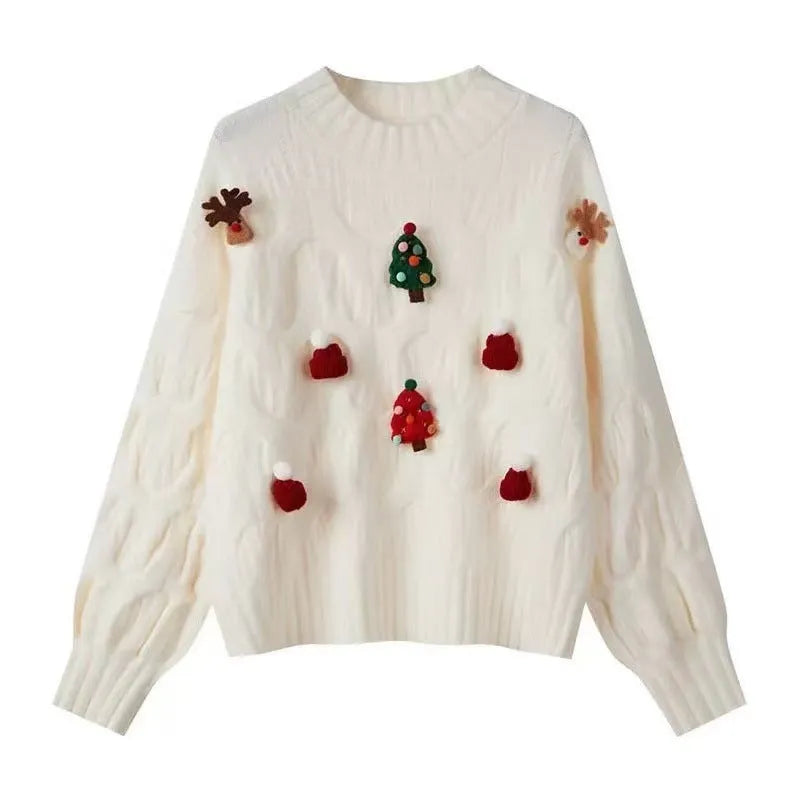 Western style loose slimming sweater top long sleeve pullover in white