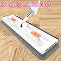 Large flat mop with long stainless steel handle and blue cleaning cloth on a hard floor