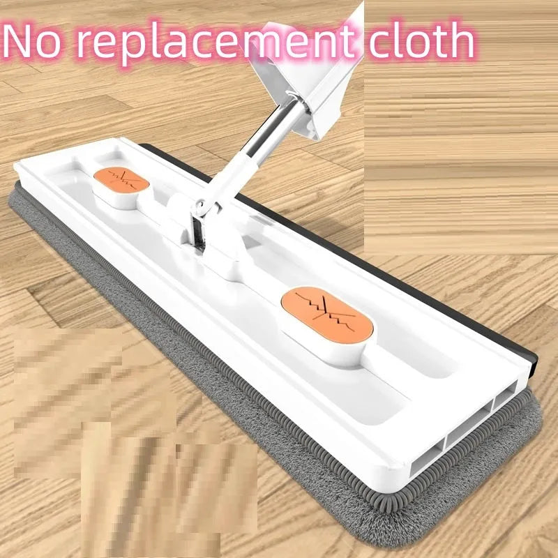 Large flat mop with long stainless steel handle and blue cleaning cloth on a hard floor