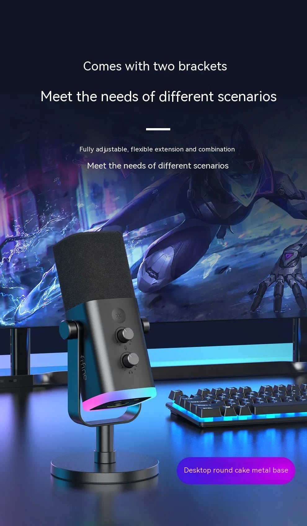 Dynamic noise reduction microphone in black, pink, or white with XLR cable and desk base.