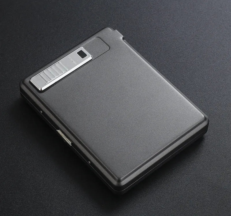Classic flip charging cigarette case and lighter in metal, available in black gold and gray