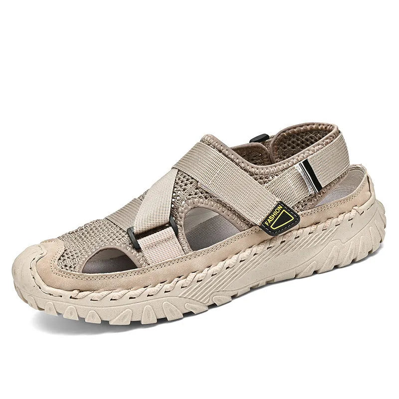 Men's grey genuine leather casual sandals with breathable mesh lining and elastic band closure