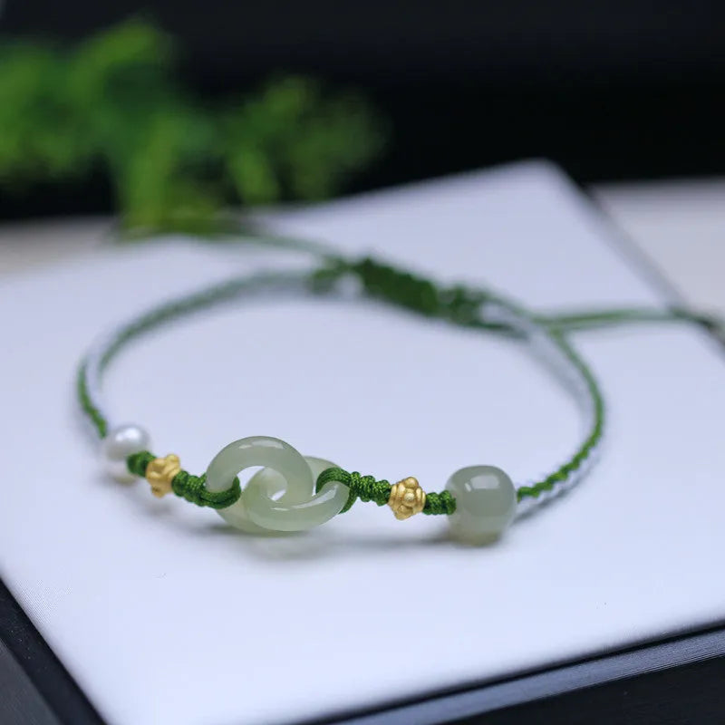 Natural Hetian jade woven bracelet with hollow-out design on flexible wire with silver or gold-plated elements