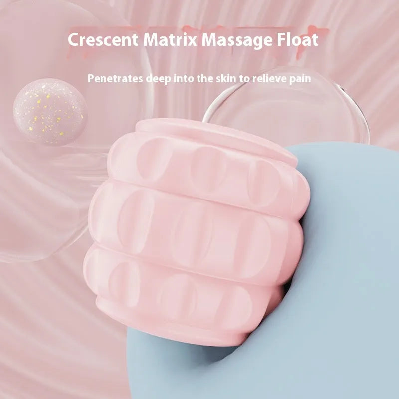 Ring clip leg roller massage tool with double-row wheels in coral pink on a leg.