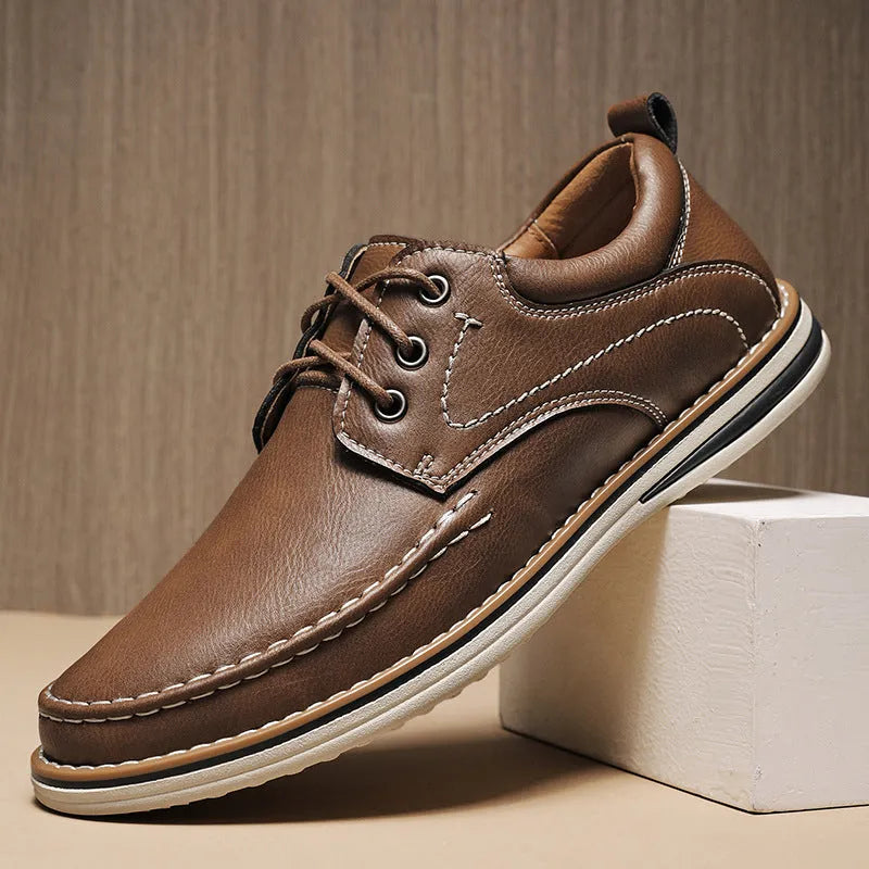 Men's black genuine leather casual lace-up shoes with round toe and low rubber sole