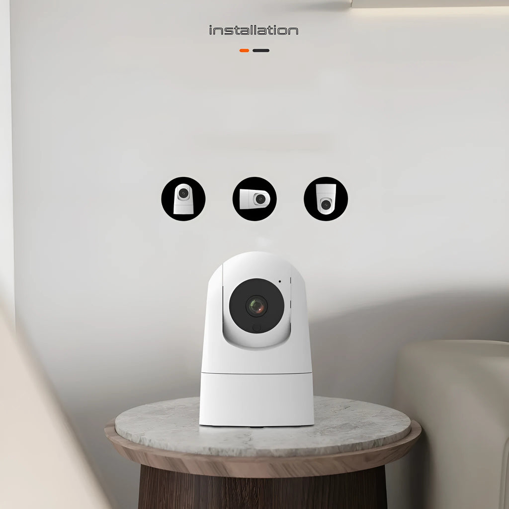 White indoor smart security camera on a stand with a wide-angle lens.