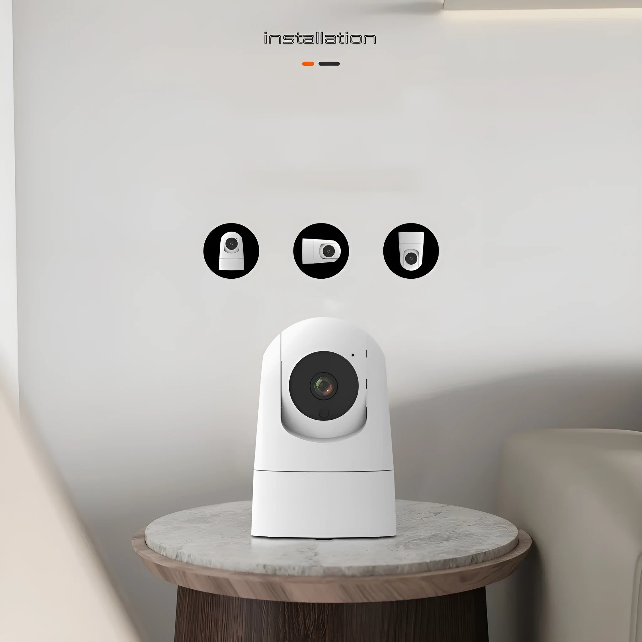 White indoor smart security camera on a stand with a wide-angle lens.