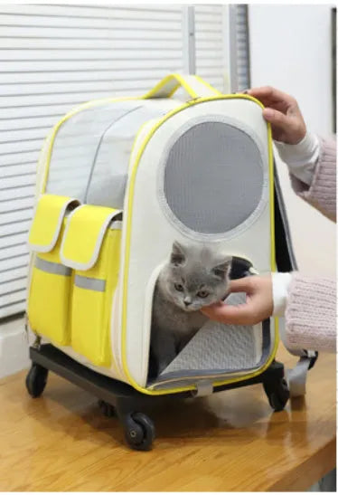 Yellow pet trolley bag canvas carrier backpack with pull rod for cats and small dogs up to 7.50kg
