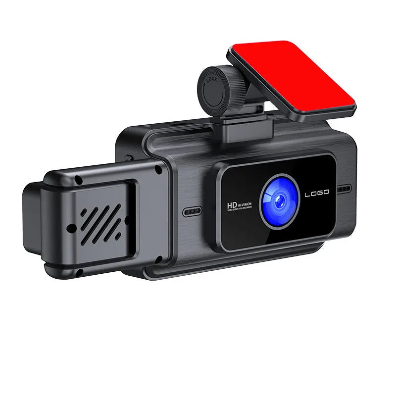 Black 3 lens dashboard camera for car windshield with 3 inch screen.